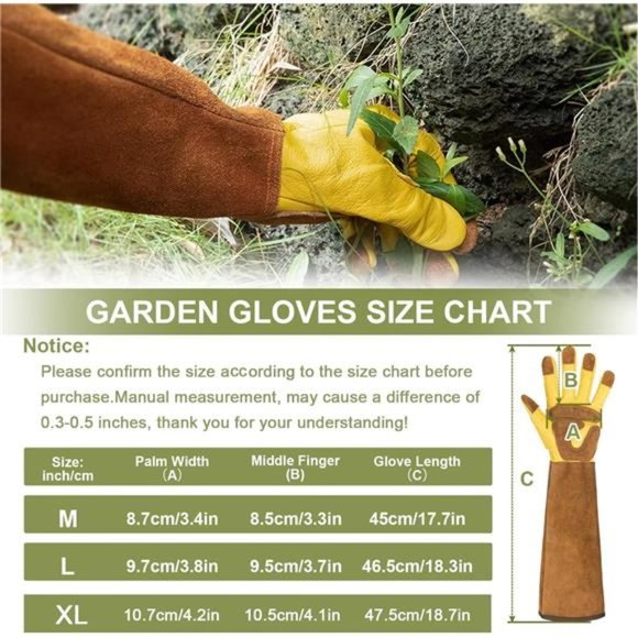 Long Gloves for Gardening/Work - Thorn Proof,Rose Pruning Cowhide Leather - Picture 4 of 6